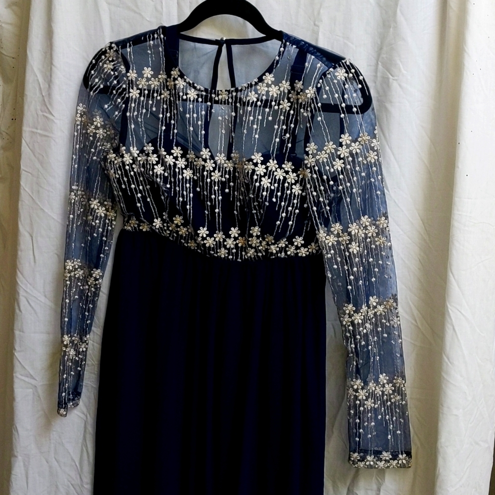 Knee Length, Blue Mesh MATERNITY Dress